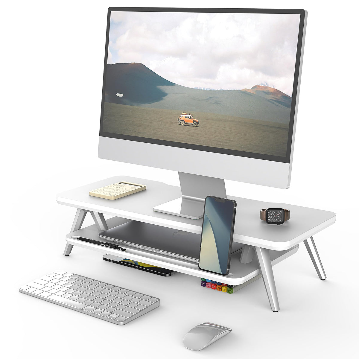Fenge Dual Monitor Stand Riser, Wooden Desk Shelf with 2-Tier Storage