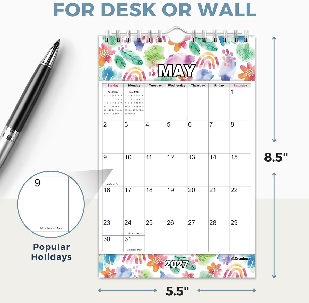CRANBURY 2026-2027 Small Calendar 5.5x8.5, Mini Wall Calendar