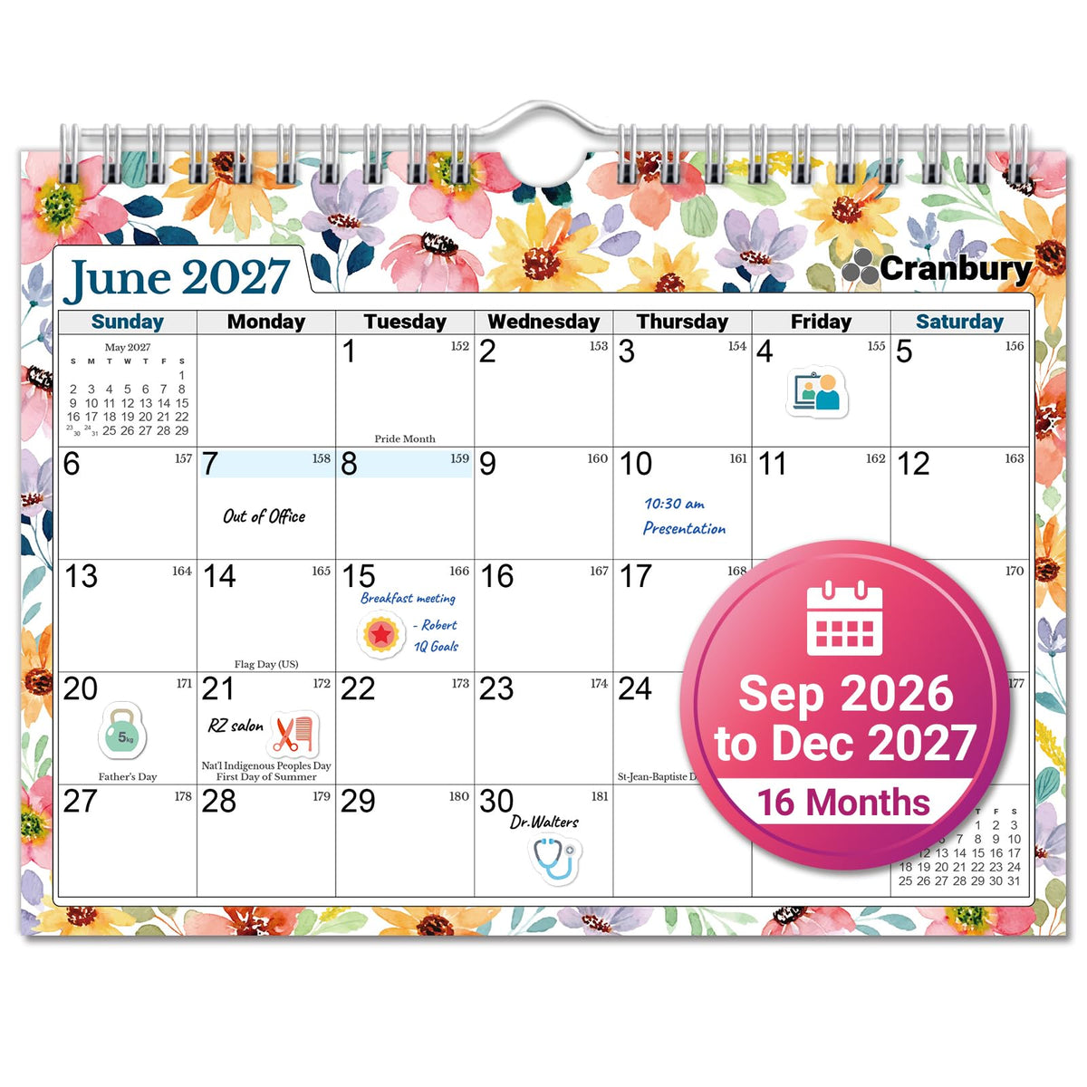 CRANBURY 2026-2027 Wall Calendar 8x6, 16-Month Mini Hanging Planner
