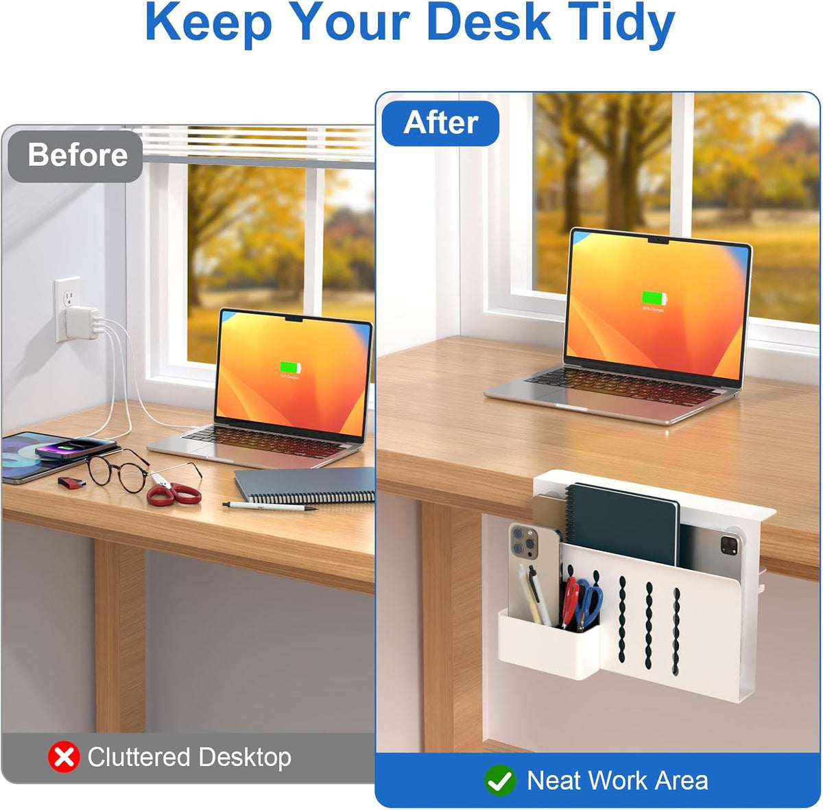 HAMOPY Desk Side Storage, Single-Layer Steel Hanging Desk Organizer with Magnetic Pen Holder, No Drilling Desk Drawer Cable Management Tray, Under Desk Laptop Holder for Office, School&Home(White)