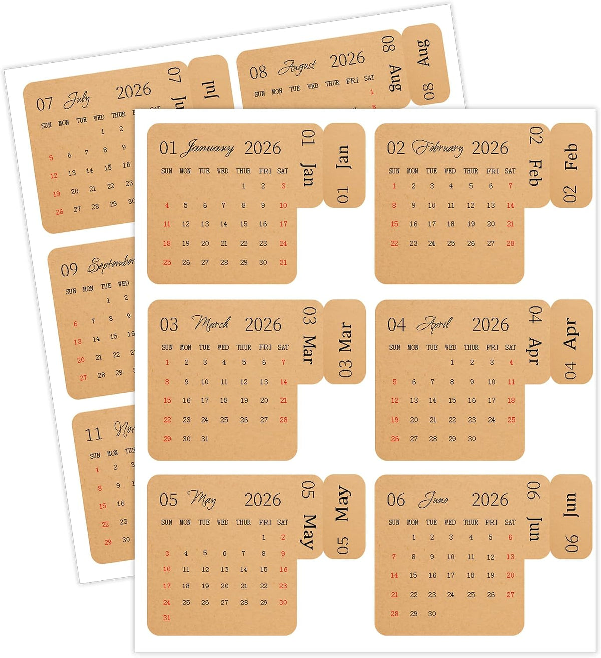 2026 Calendar Stickers Kraft Monthly Planner Index Divider 120Pcs