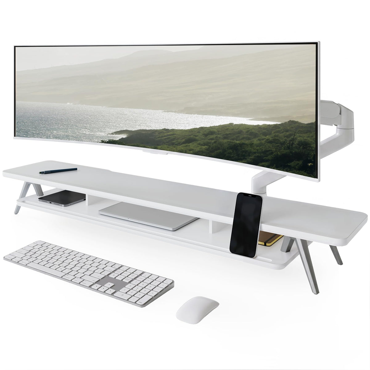 Fenge Dual Monitor Stand Riser, Wooden Desk Shelf with 2-Tier Storage