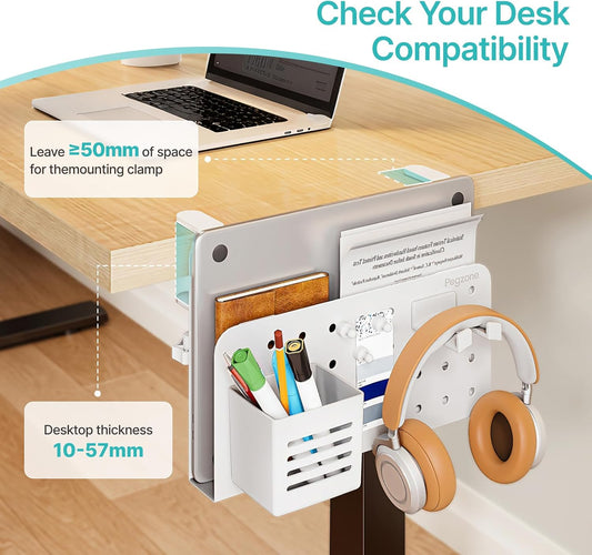 PEGZONE Desk Side Storage Organizer, Fits Flat Edge 0.4" to 2.2", White