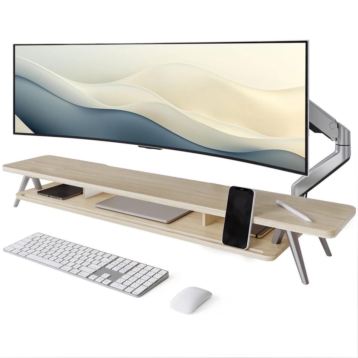 Fenge Dual Monitor Stand Riser, Wooden Desk Shelf with 2-Tier Storage