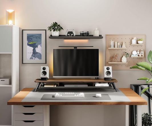 Fenge Dual Monitor Stand Riser, Wooden Desk Shelf with 2-Tier Storage