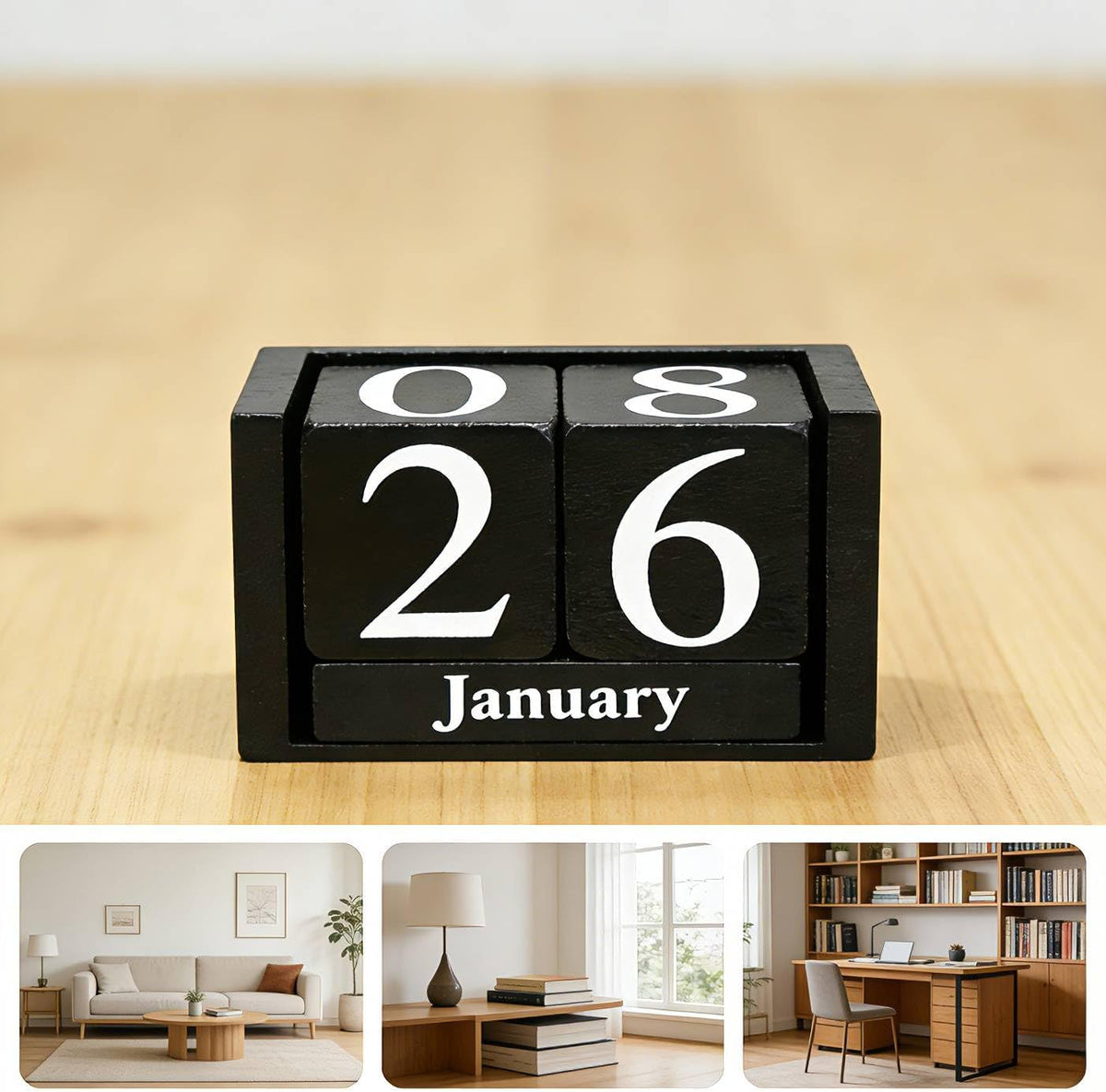Notakia Black Wooden Block Calendar, Perpetual Desk Calendar, Stylish and Durable Block Calendar for Home and Office