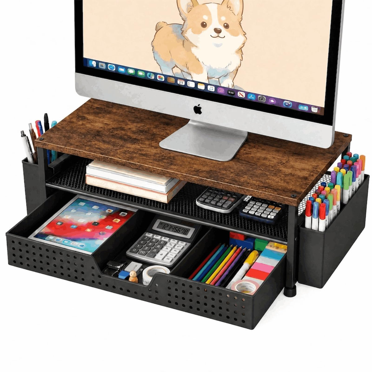 ECOLOVI Desk Organizer and Accessories, 2-Tier Computer Monitor Stand Rise with Storage Drawer & 2 Pen Holders, Laptop & Printer Stand for Desktop, Workspace Organizers for Office Supplies (Brown)