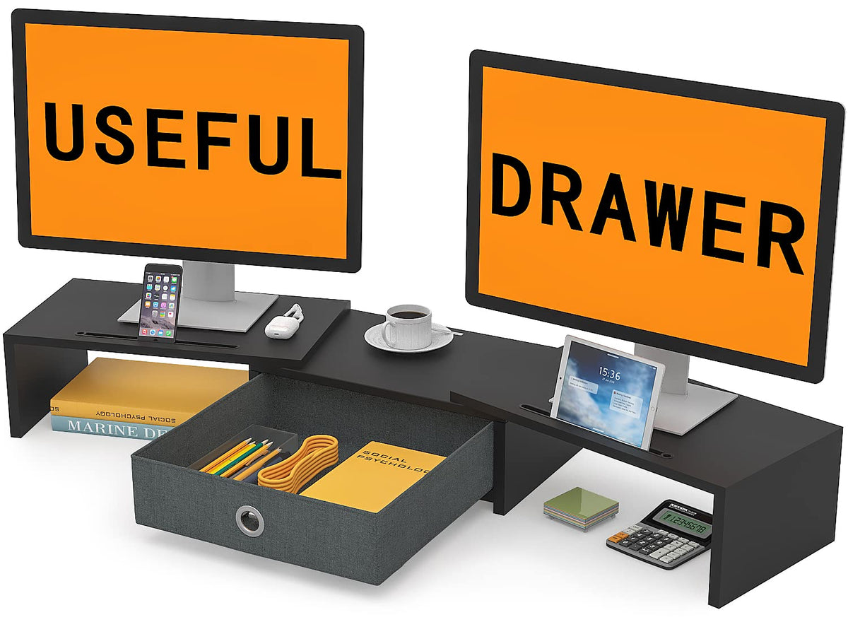 WESTREE Dual Monitor Stand Riser with Drawer - Adjustable Length and Angle, 2 Phone Hold, Desktop Organizer for Computer/Laptop/PC/Printer
