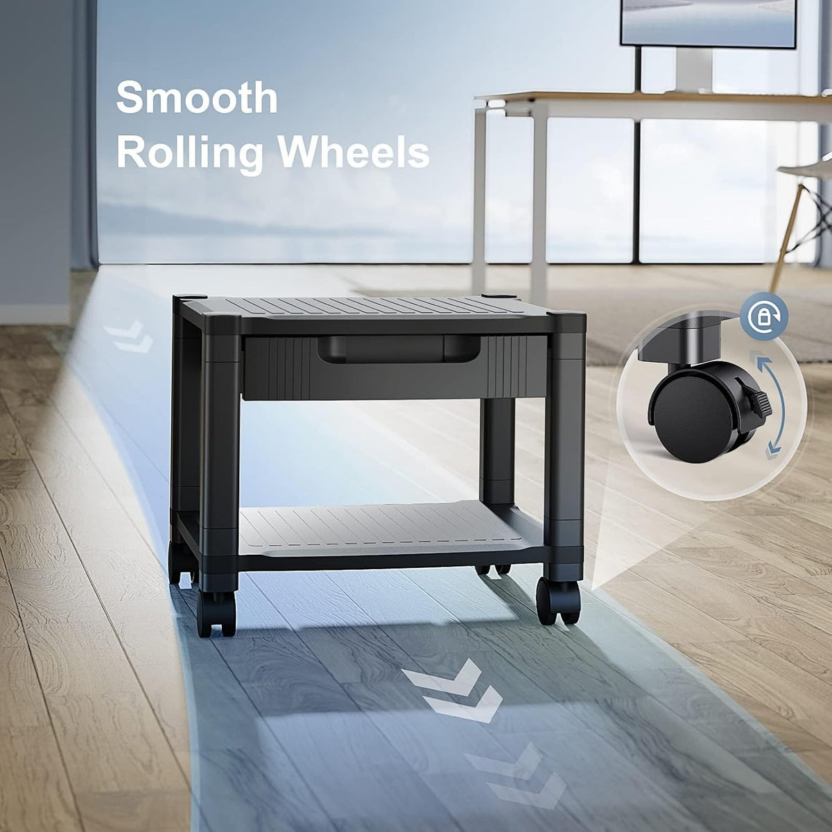 HUANUO Printer Stand with Storage Drawer, Locking Wheels, Under Desk Cart
