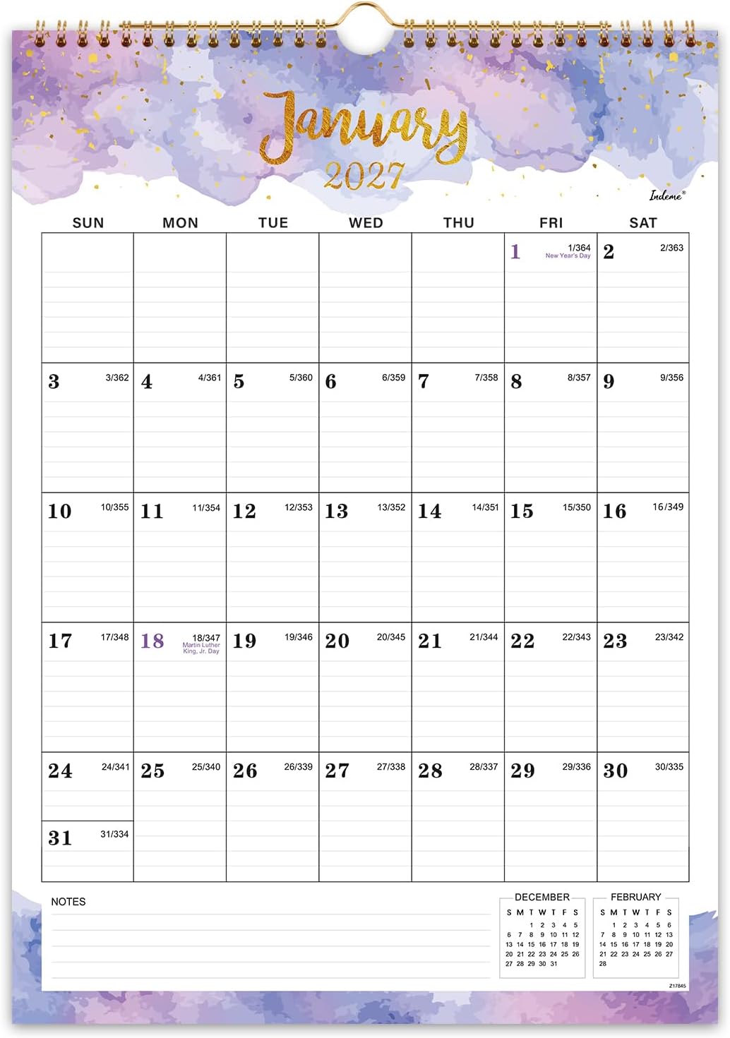 2027 Calendar - 2027 Wall Calendar, Jan 2027 - Dec 2027, 12" x 17", 12 Months Calendar, Twin-Wire Binding, Hanging Hook, Blocks and Julian Dates - Colorful Waterink