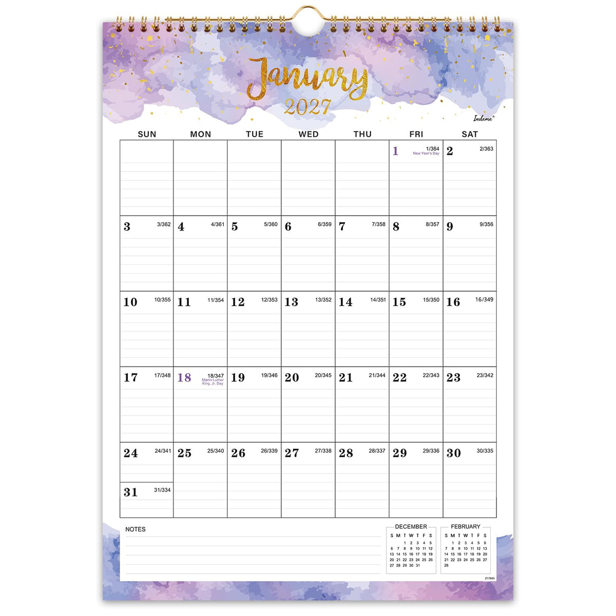 2027 Calendar - 2027 Wall Calendar, Jan 2027 - Dec 2027, 12" x 17", 12 Months Calendar, Twin-Wire Binding, Hanging Hook, Blocks and Julian Dates - Colorful Waterink