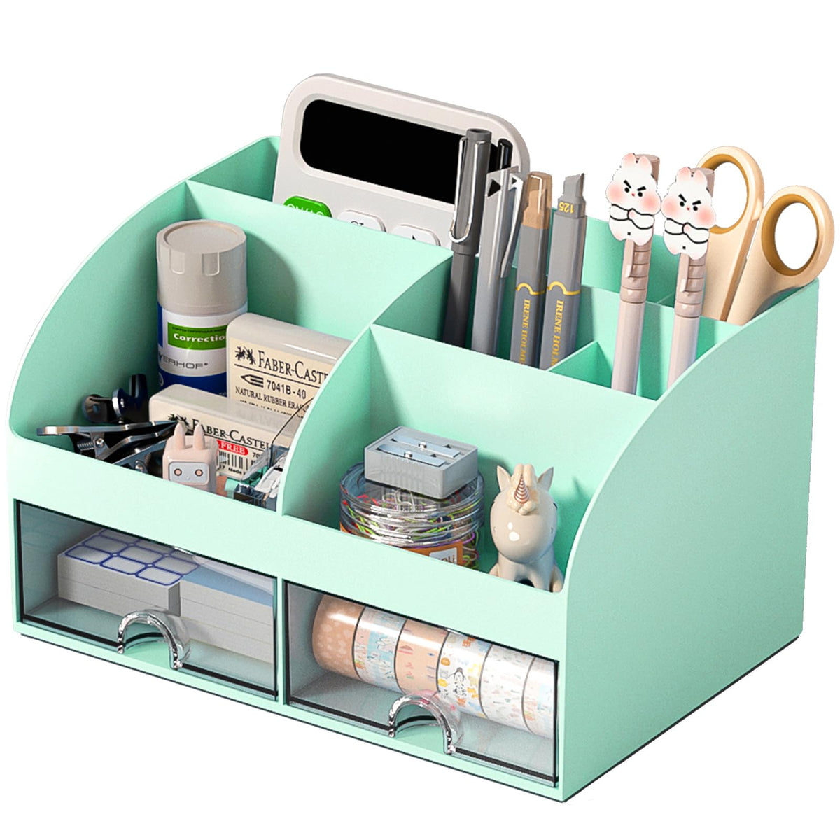 COMFYROOM Desk Organizer with 6 Compartments and 2 Drawers, Plastic Makeup Organizer, Pen Holder for Desktop Storage, Desk Organization for School, Home, Office Supplies (Black)