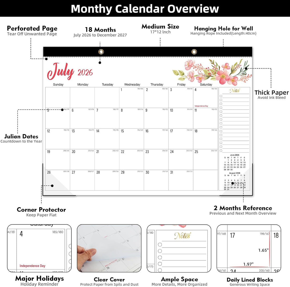 Tcamp Desk Calendar 2026-2027, Jul 2026-Dec 2027, 18-Month, 17" x 12" Large