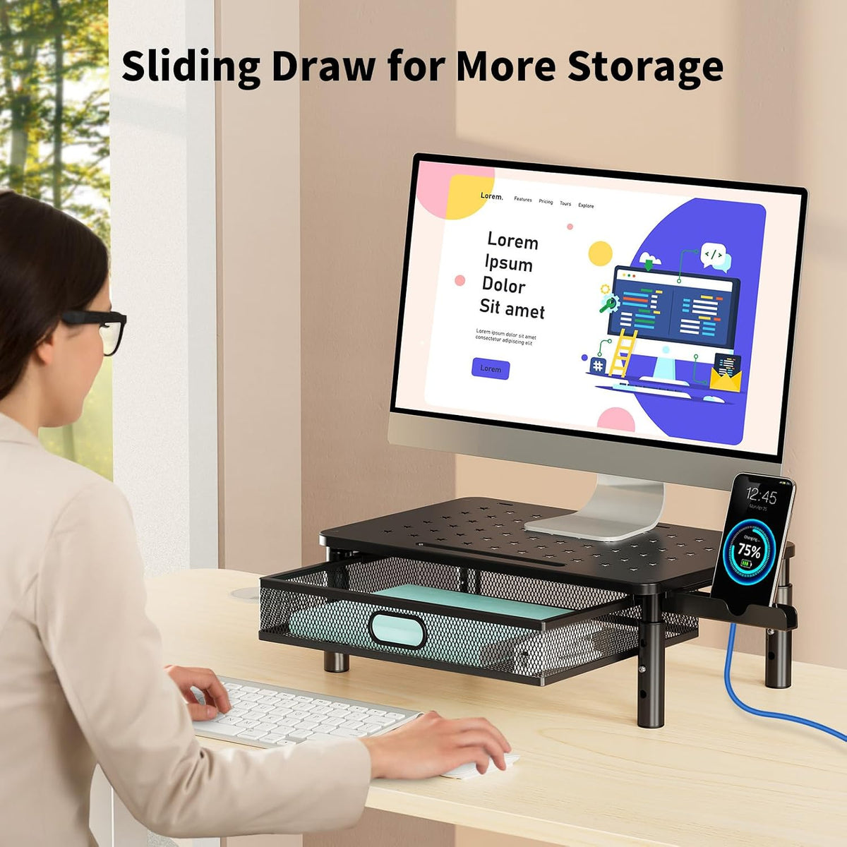 Zimilar Monitor Stand Riser with Metal Mesh Drawer, Height Adjustable