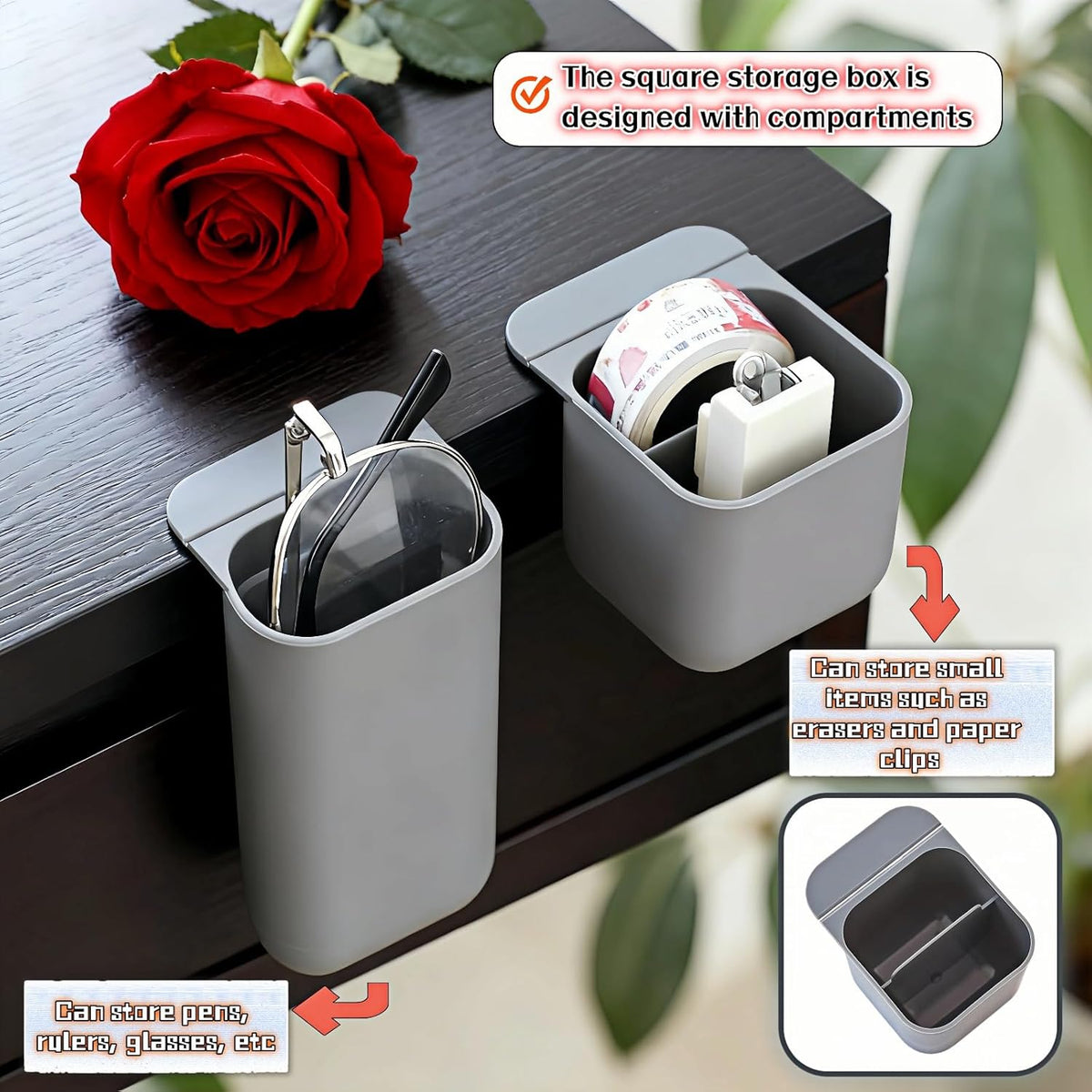 Sticky Desk Organizer, 3-Pack Monitor Side Storage with Adhesive - Multifunctional Desktop Pen Holder for Stationery, Jewelry, Remote Control - Space Saving Grey PP Material for Office & Home