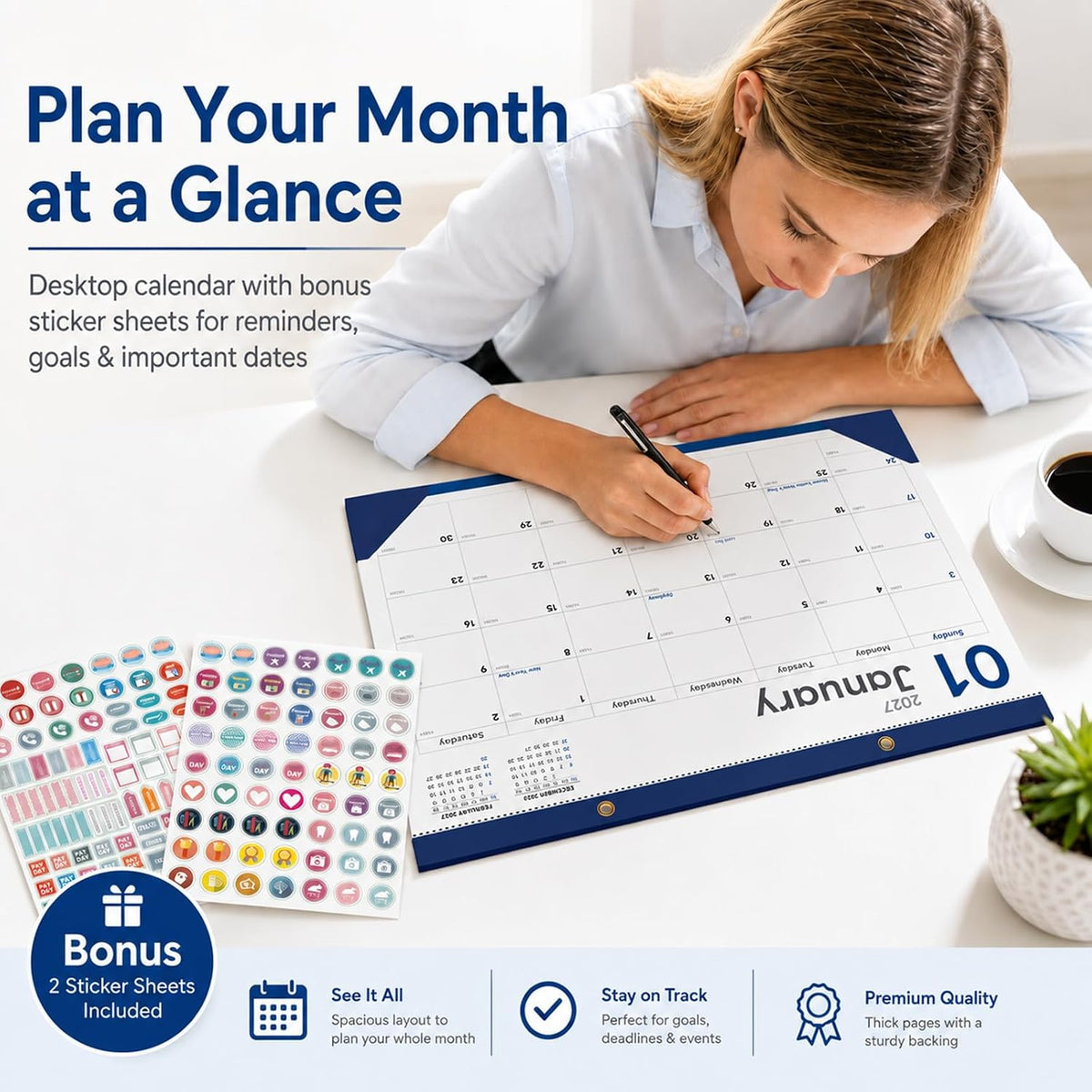 Desk Calendar 2026-2027, 18 Months, Jul 2026-Dec 2027, 17x12 Inch, Navy