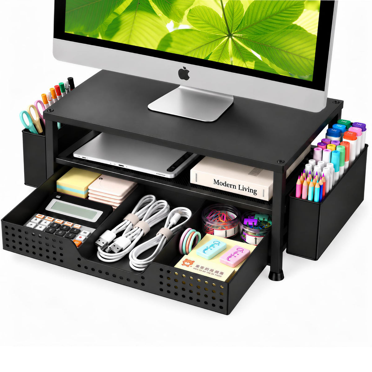 ECOLOVI Desk Organizer and Accessories, 2-Tier Computer Monitor Stand Rise with Storage Drawer & 2 Pen Holders, Laptop & Printer Stand for Desktop, Workspace Organizers for Office Supplies (Brown)