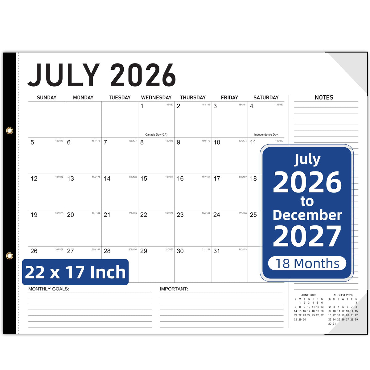 Tcamp Desk Calendar 2026-2027, Jul 2026-Dec 2027, 18-Month, 17" x 12" Large