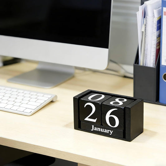 Notakia Black Wooden Block Calendar, Perpetual Desk Calendar, Stylish and Durable Block Calendar for Home and Office