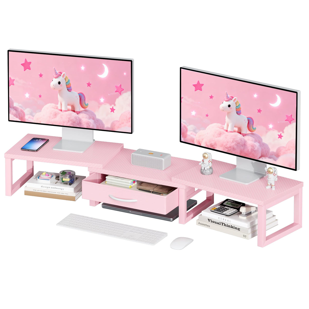 Dual Monitor Stand Riser, Desk Organizers and Accessories with Drawer, Computer Monitor Stands for Desk, Adjustable Desktop Shelf for PC Laptop Printer TV, Black