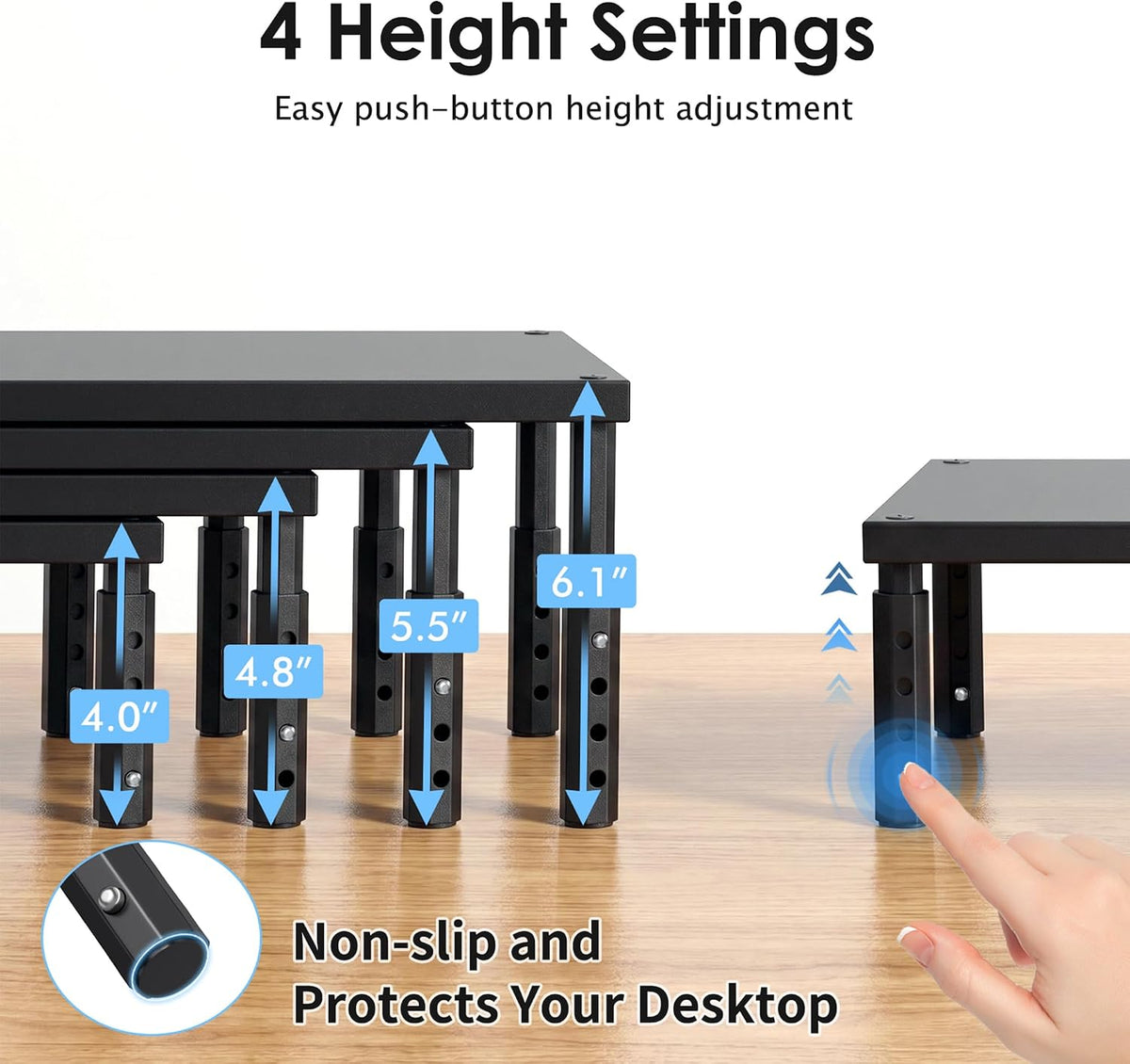 OPNICE Adjustable Monitor Stand Riser for Desk, Wood Computer & Laptop Stand, Desk Organizers and Accessories, Office Desk Accessories & Workspace Organizer for Home Office Supplies, Black 2-Pack