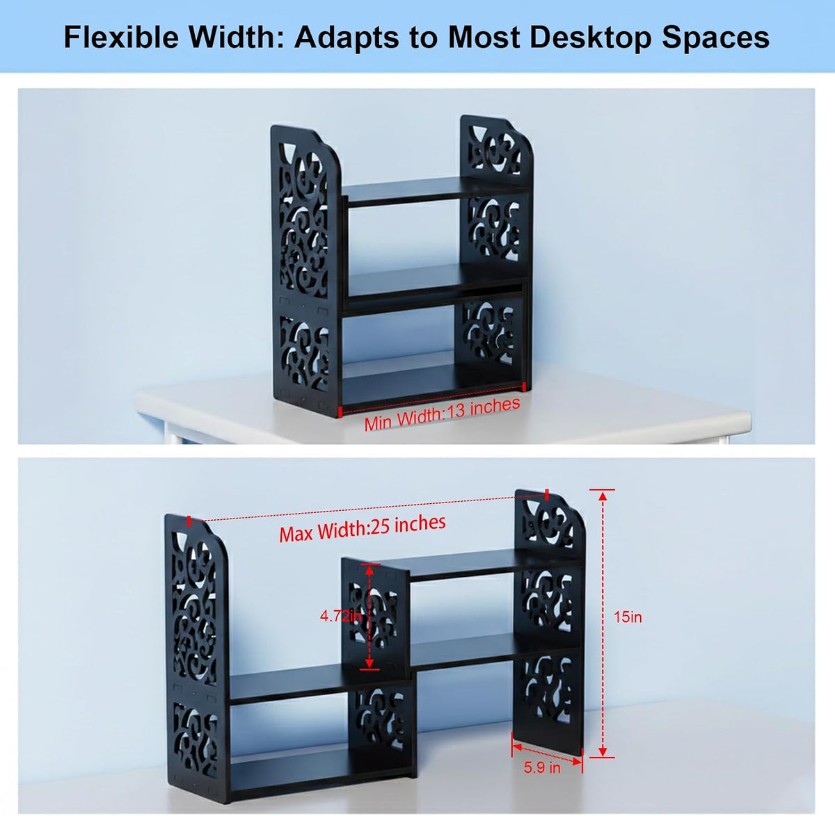 YGYQZ Adjustable Desktop Shelf Organizer, 3-Tier Desk Shelf, Black Pattern