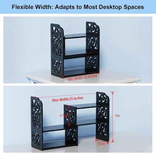 YGYQZ Adjustable Desktop Shelf Organizer, 3-Tier Desk Shelf, Black Pattern