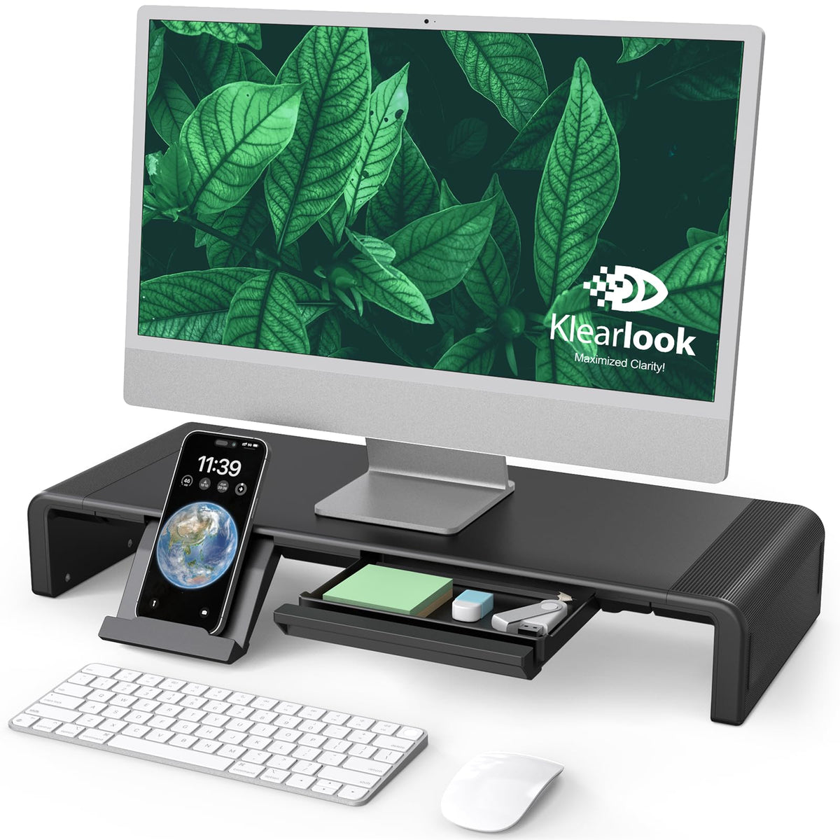 Monitor Stand Riser, Klearlook Foldable, Height Adjustable Computer Stand, Desk Shelf Riser with Storage Drawer &Tablet Phone Stand for Desktop, Laptop (White)