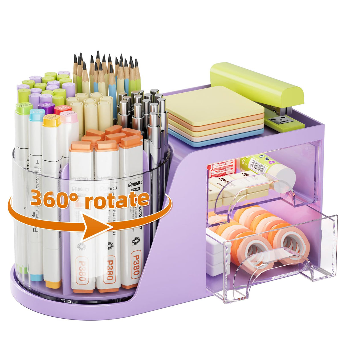 Marbrasse Desk Organizer with 2 Drawer, 360°Rotating Pen Holder, Desk Organizers and Accessories with 6 Slots Pencil Holder + 2 Drawer, Art Supply Storage Box Caddy for Office (Green)