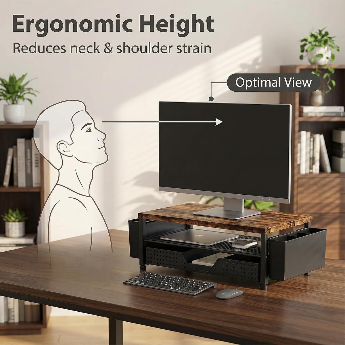 LEKETREE Wood Desk Organizer, 2-Tier Computer Monitor Stand Riser with Storage Drawer and 2 Pen Holders, Laptop & Printer Stand, Shelf for Top of Desk (Wood)