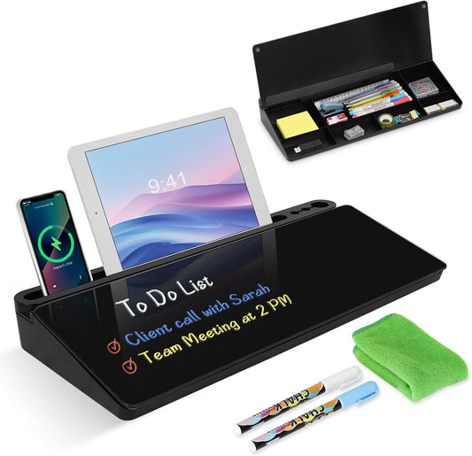 Desktop Glass Whiteboard with Storage, Desk Dry Erase White Board Black