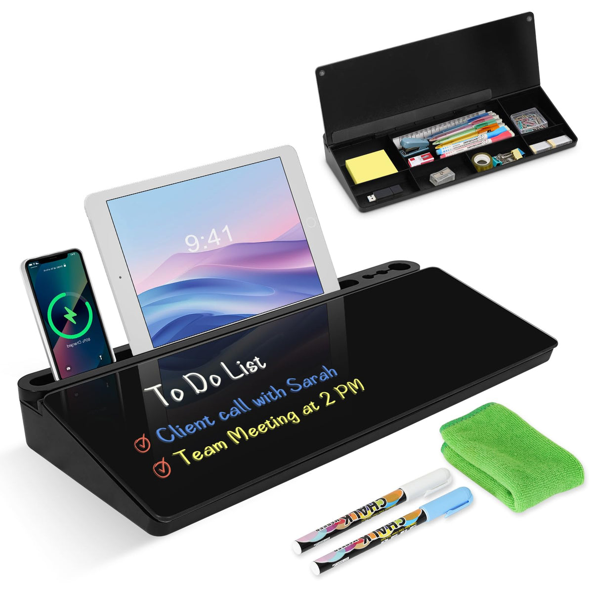 Desktop Glass Whiteboard with Storage, Desk Dry Erase White Board Black