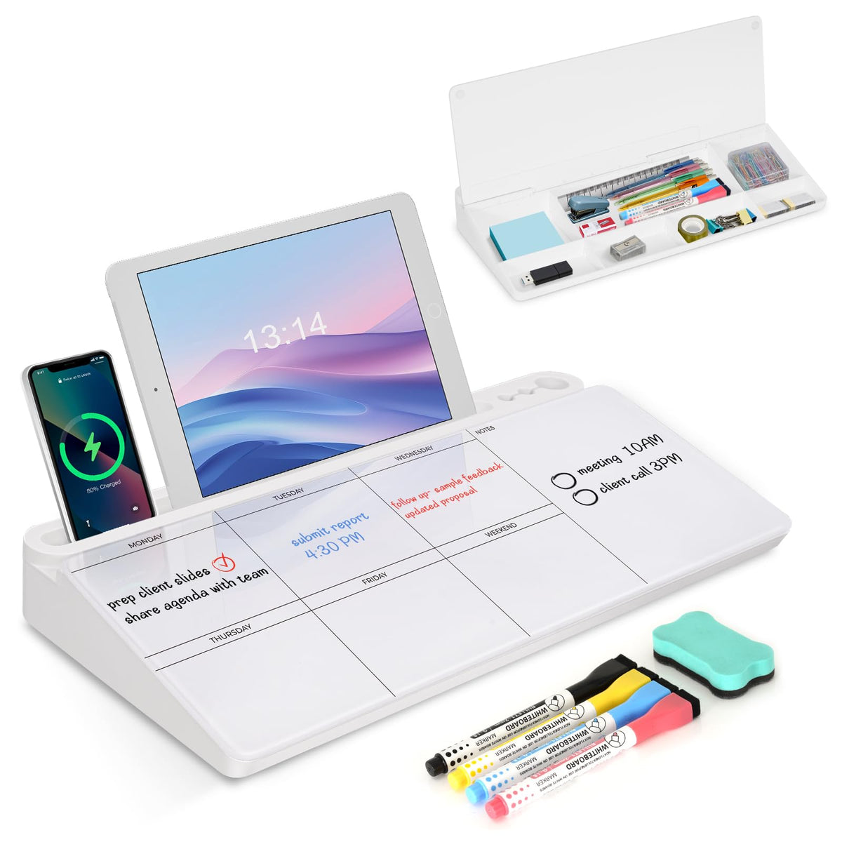 Desktop Glass Whiteboard with Storage, Desk Dry Erase White Board Black
