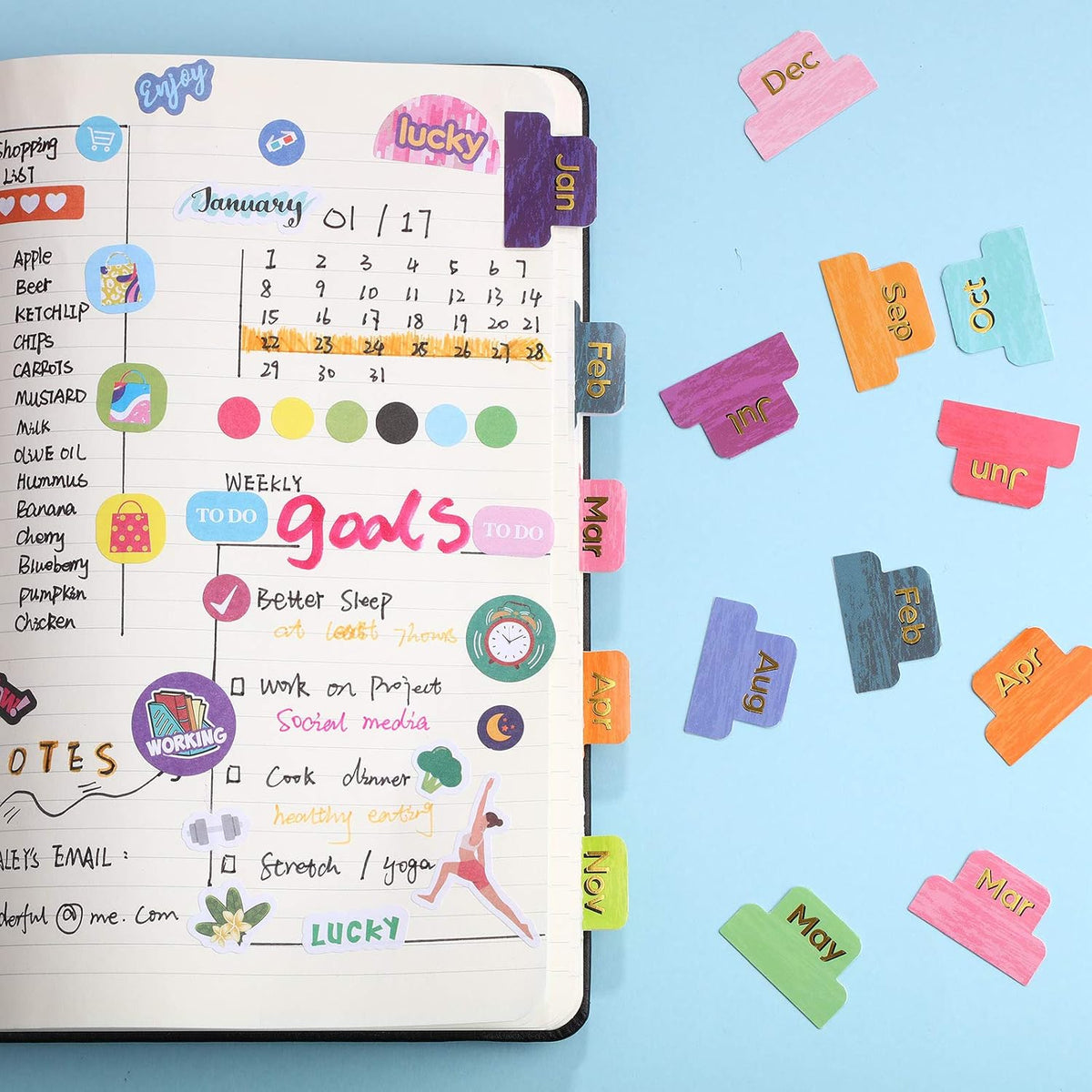 Outus 24 Pcs Monthly Tabs for Planners, Colorful Adhesive Planner Stickers