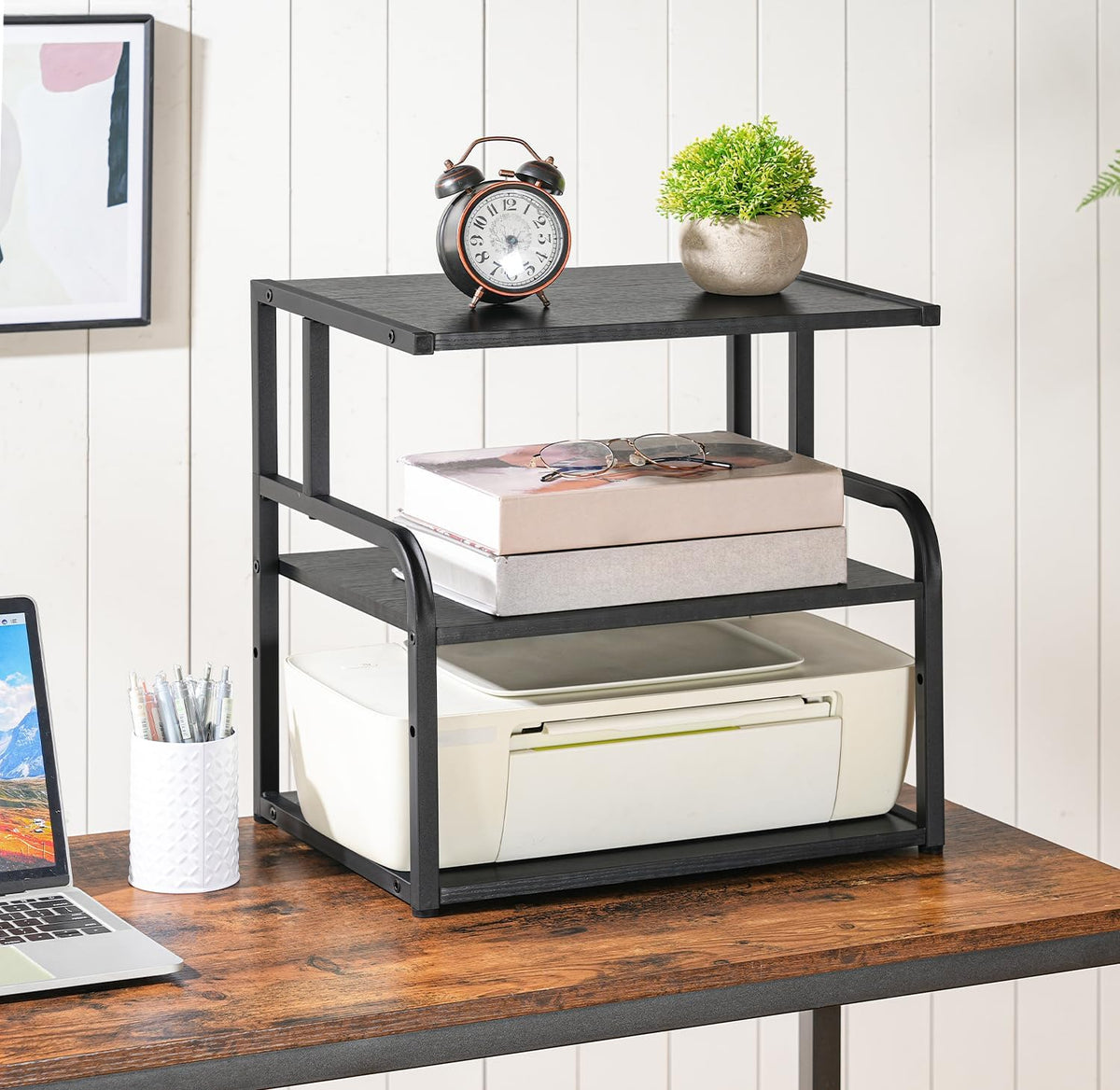 HOOBRO Printer Stand, 3-Tier Desktop Printer Table, Under Desk Printer Storage Office Organizer, Storage Rack with Adjustable Shelf, for Home Office, Kitchen, Living Room, Black BB06PS01