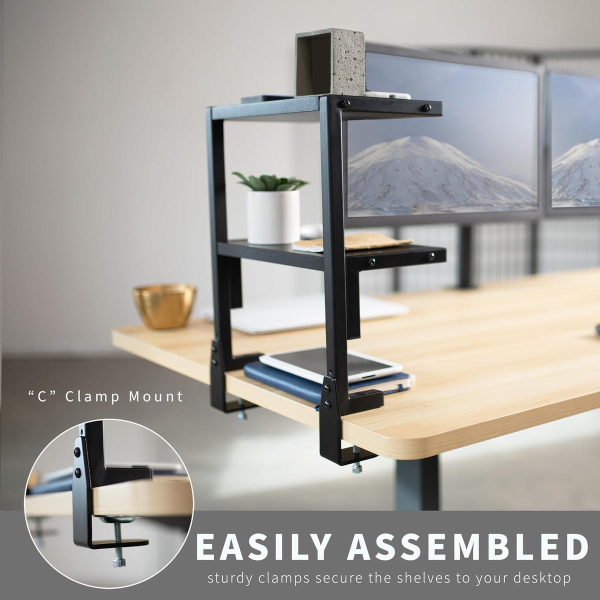 VIVO Black Clamp-on 13 inch 2-Tier Desk Shelf, STAND-SHELF2C