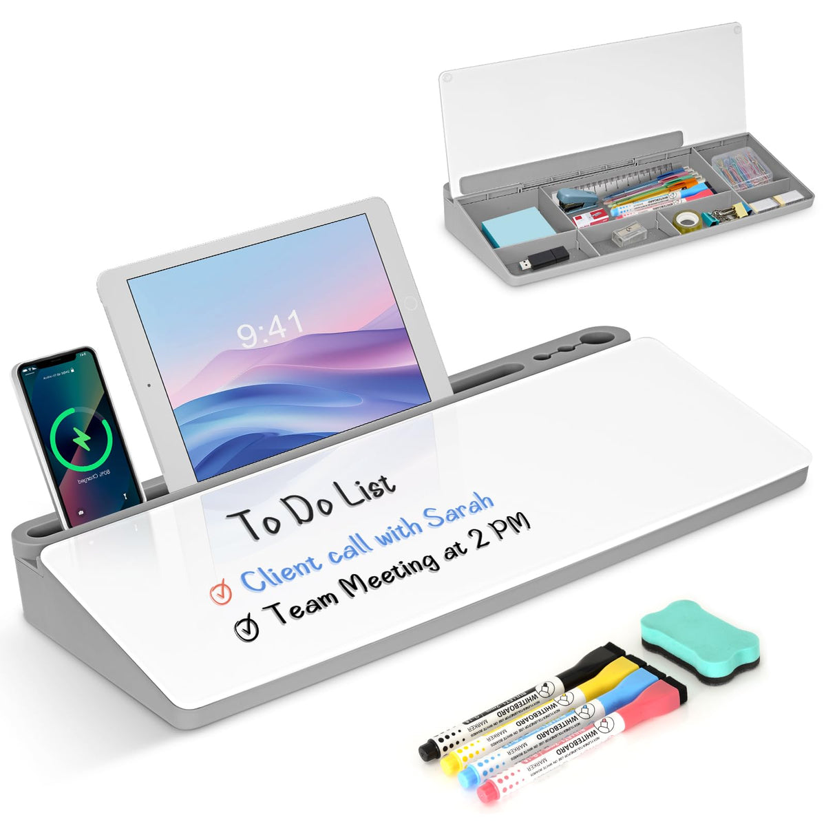 Desktop Glass Whiteboard with Storage, Desk Dry Erase White Board Black