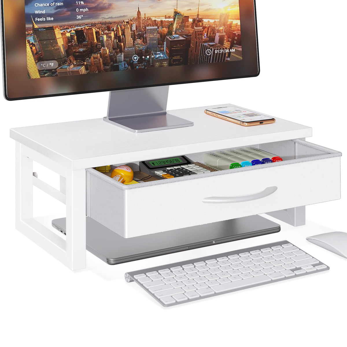 Computer Monitor Stand Riser with Drawer, 2-Tier Desk Accessories & Workspace Organizers, Laptop Stand for Desk with Storage, Office Organization, Wood