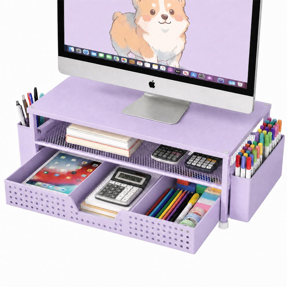 ECOLOVI Desk Organizer and Accessories, 2-Tier Computer Monitor Stand Rise with Storage Drawer & 2 Pen Holders, Laptop & Printer Stand for Desktop, Workspace Organizers for Office Supplies (Brown)