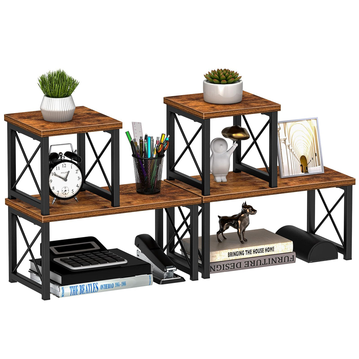 Honiter 2 Sets Desk Shelf, Desktop Organizer Shelf, 2 Tier Independent Stackable Desktop Shelves, Desktop Office Storage Rack Display Shelf