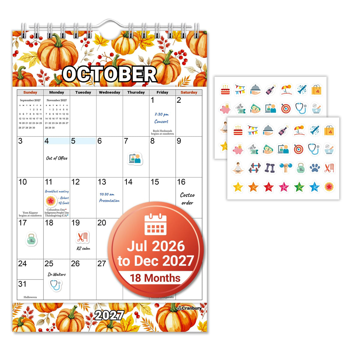 CRANBURY 2026-2027 Small Calendar 5.5x8.5, Mini Wall Calendar