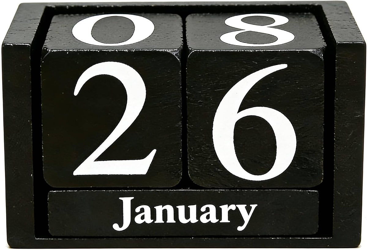 Notakia Black Wooden Block Calendar, Perpetual Desk Calendar, Stylish and Durable Block Calendar for Home and Office