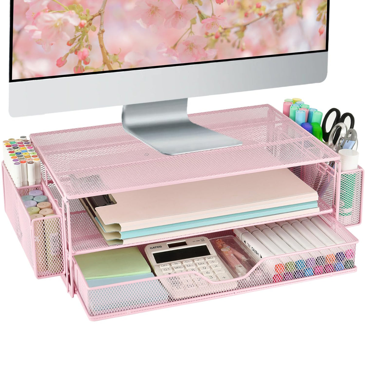 AUPSEN Wood Desk Organizers and Accessories, 2-Tier Computer Monitor Stand Riser with Drawer, Pen Storage & Phone Holder, Office Desk Accessories, Workspace Desktop Organization for Office Supplies（Brown）