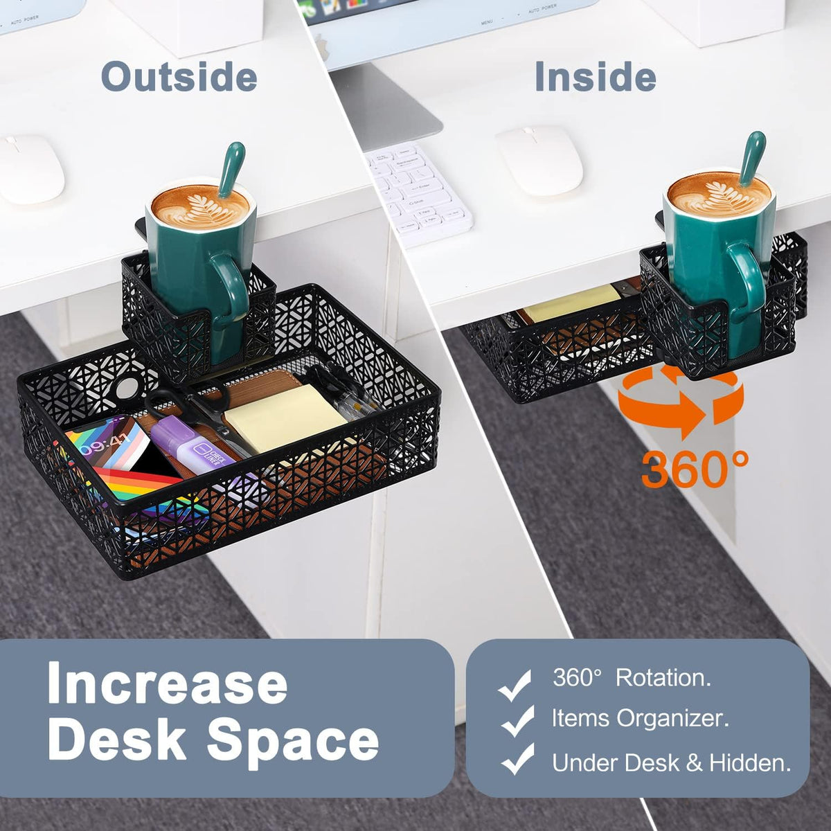 Under Desk Drawer, Clamp on Desk Organizer Cup Holder Hanging Desk Storage