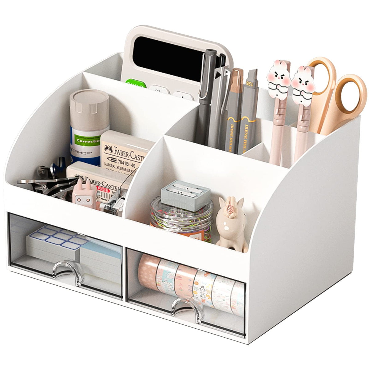 COMFYROOM Desk Organizer with 6 Compartments and 2 Drawers, Plastic Makeup Organizer, Pen Holder for Desktop Storage, Desk Organization for School, Home, Office Supplies (Black)