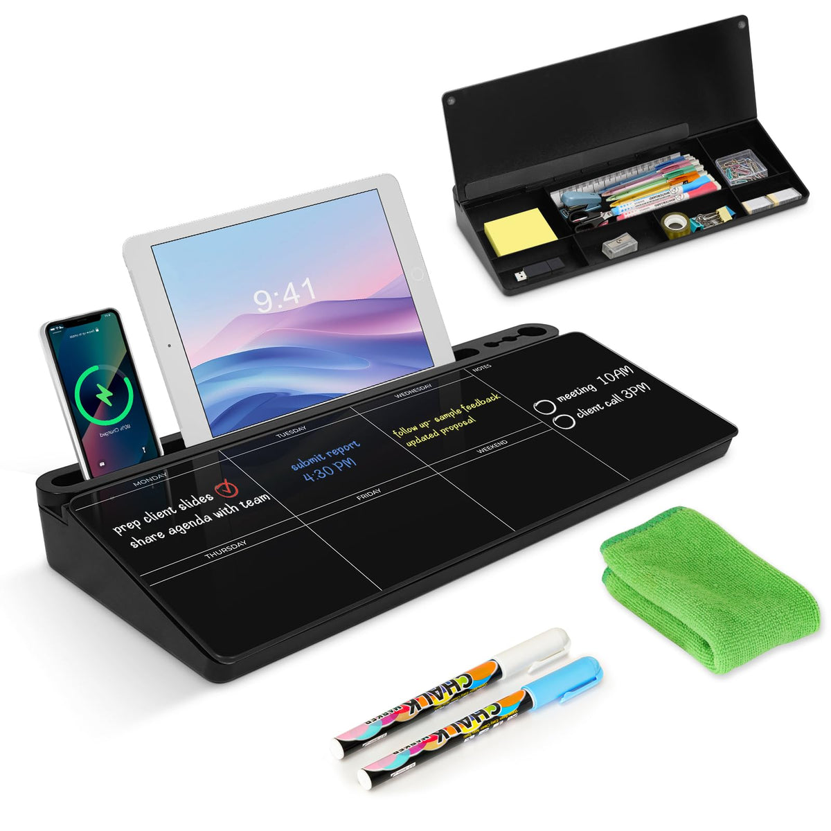 Desktop Glass Whiteboard with Storage, Desk Dry Erase White Board Black