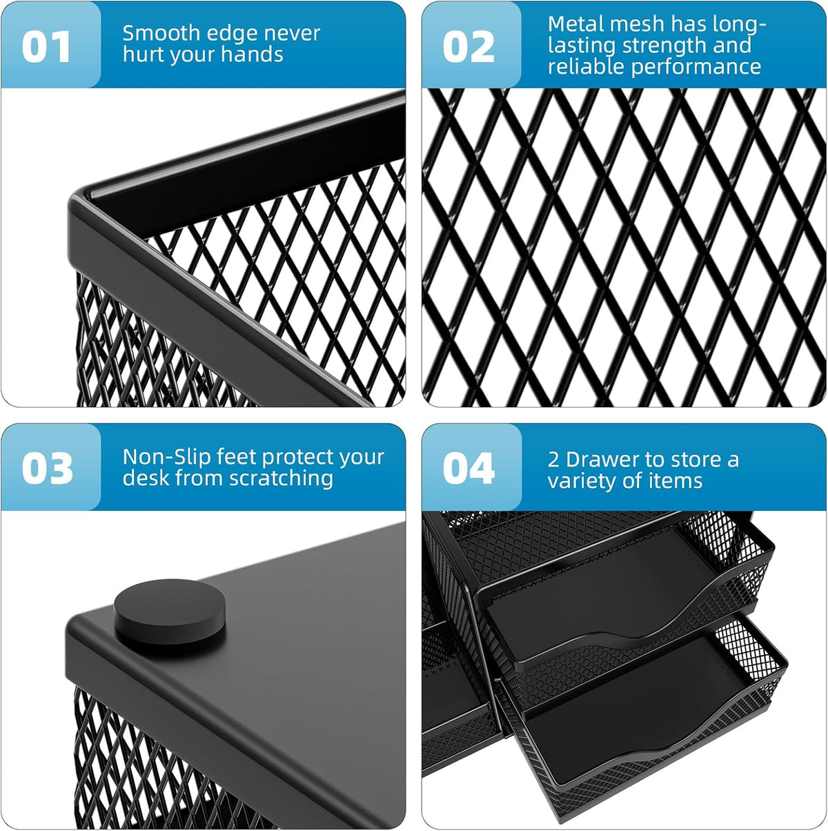 Marbrasse Mesh Pen Holder with 2 Drawers, Multi-Functional Pencil Organizer for Desk, Desk Organizers and Accessories with 3 Compartments + 2 Drawers for Office Art Supplies (Black)
