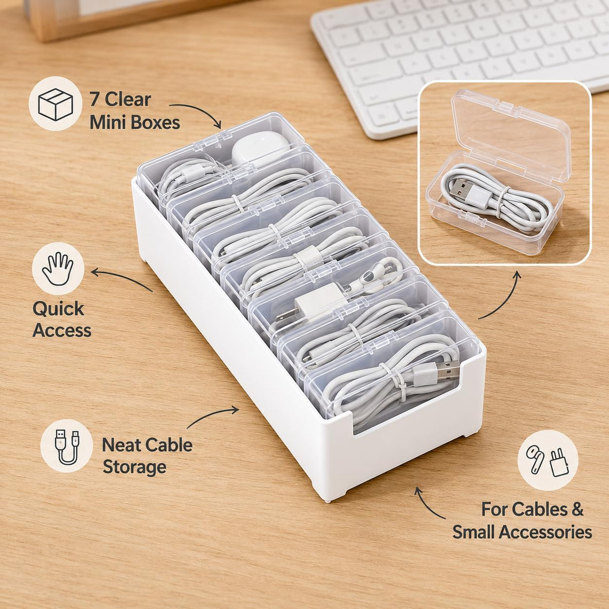 8 Pcs Cable Organizer Storage Box, Desktop Cord Management Organizer with 7 Switch Small Boxes, Clear Home Fuse Beads Case for Stationery Supplies Desk Electronic Accessories, White