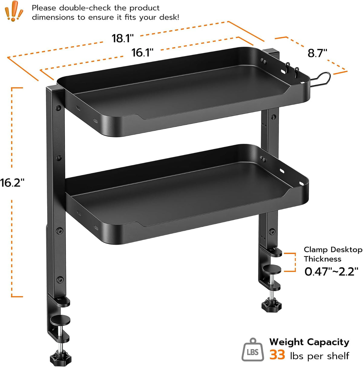 ARES WING 2-Tier 16 inch Clamp On Desk Shelf, Above or Under Desk Storage