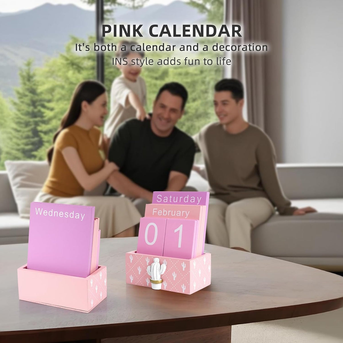 Notakia Perpetual Calendar Wooden Blocks Vintage Wood Block Calendar for Home Office Desk Accessories Week Month Date Display (Pink Calendar)